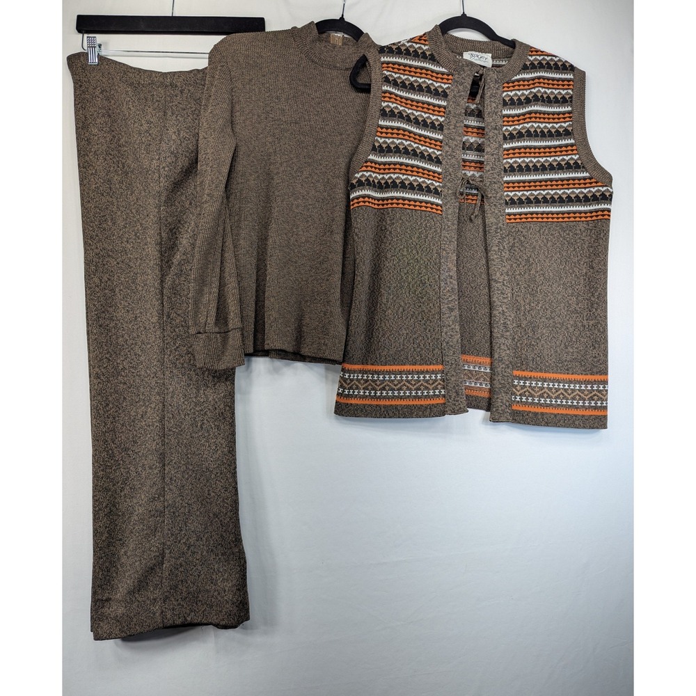Vintage Stage 7 Brown Knit 3 Piece Set Vest Sweater Pants Size 16 Made in USA